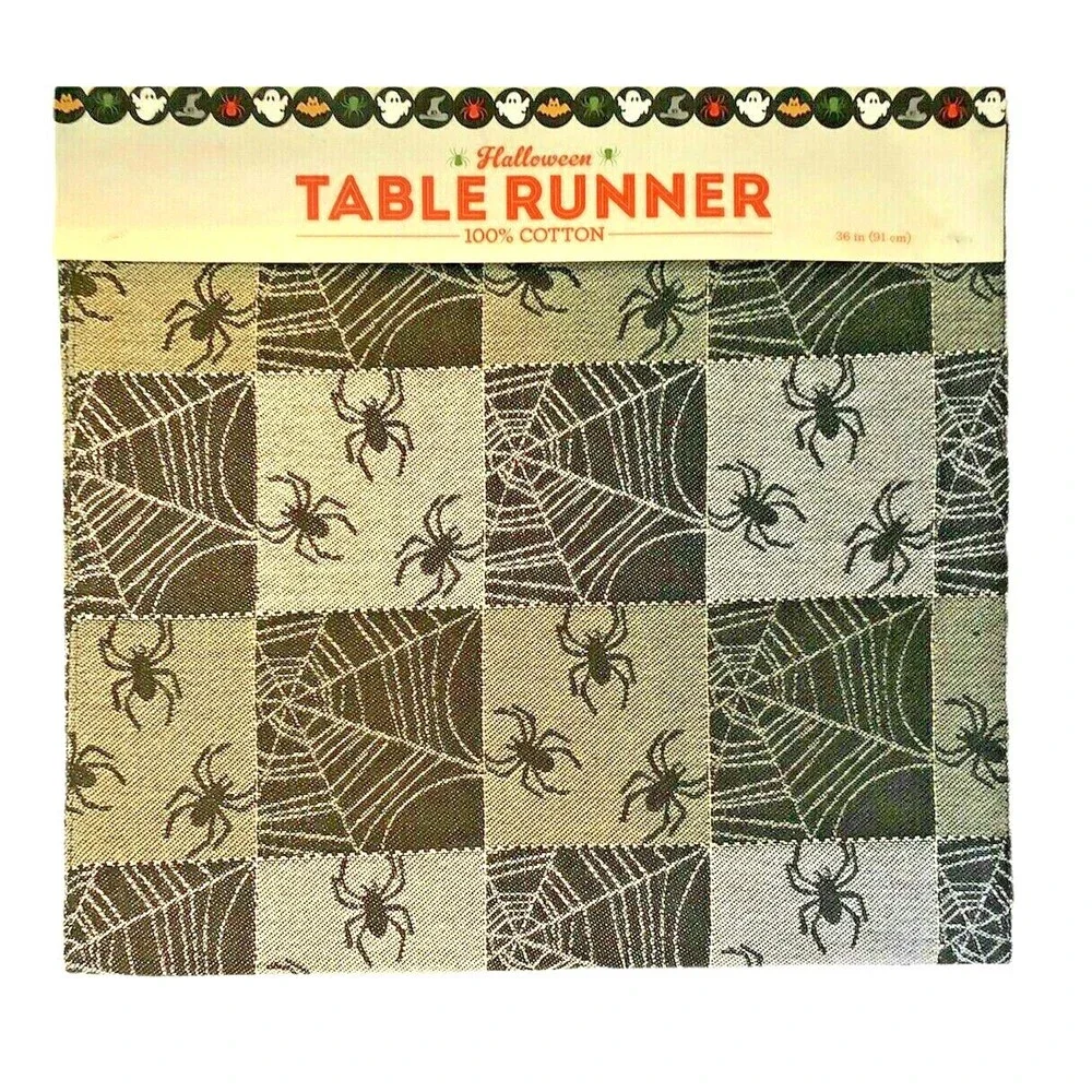 Nantucket Halloween Table Runner Black Gray Spider Webs Spooky Scary 14x36